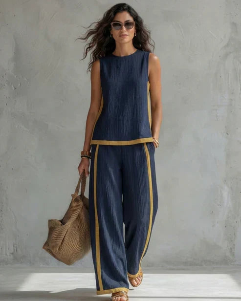 Sveva | Completo due pezzi top senza maniche e pantaloni a gamba larga con profili cuoio