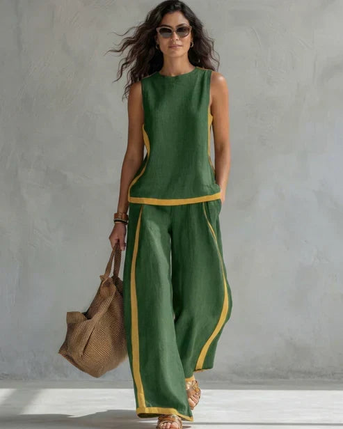 Sveva | Completo due pezzi top senza maniche e pantaloni a gamba larga con profili cuoio