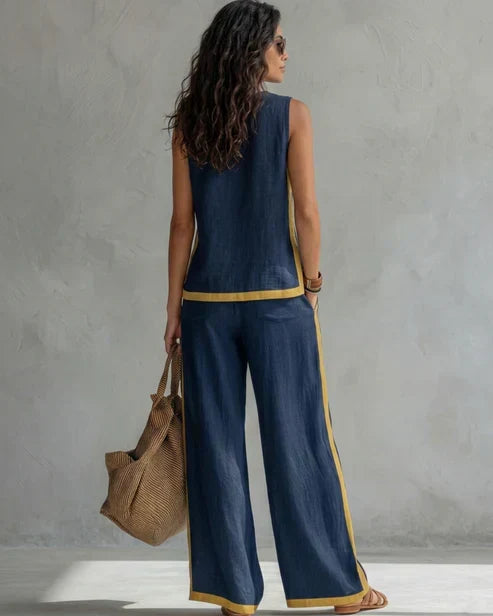 Sveva | Completo due pezzi top senza maniche e pantaloni a gamba larga con profili cuoio