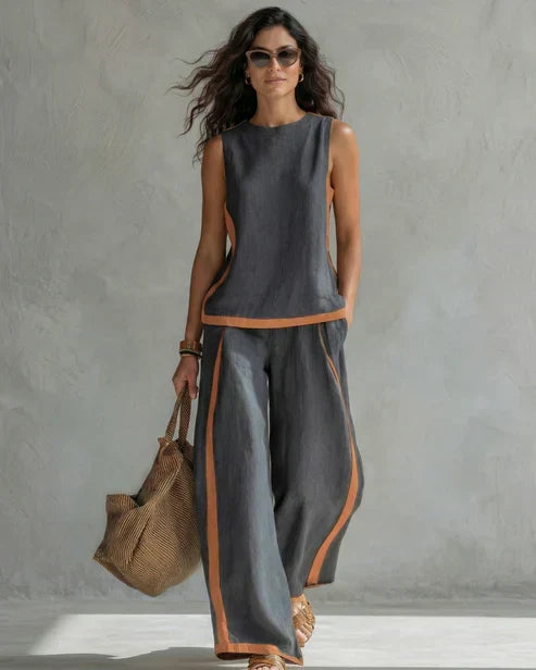 Sveva | Completo due pezzi top senza maniche e pantaloni a gamba larga con profili cuoio