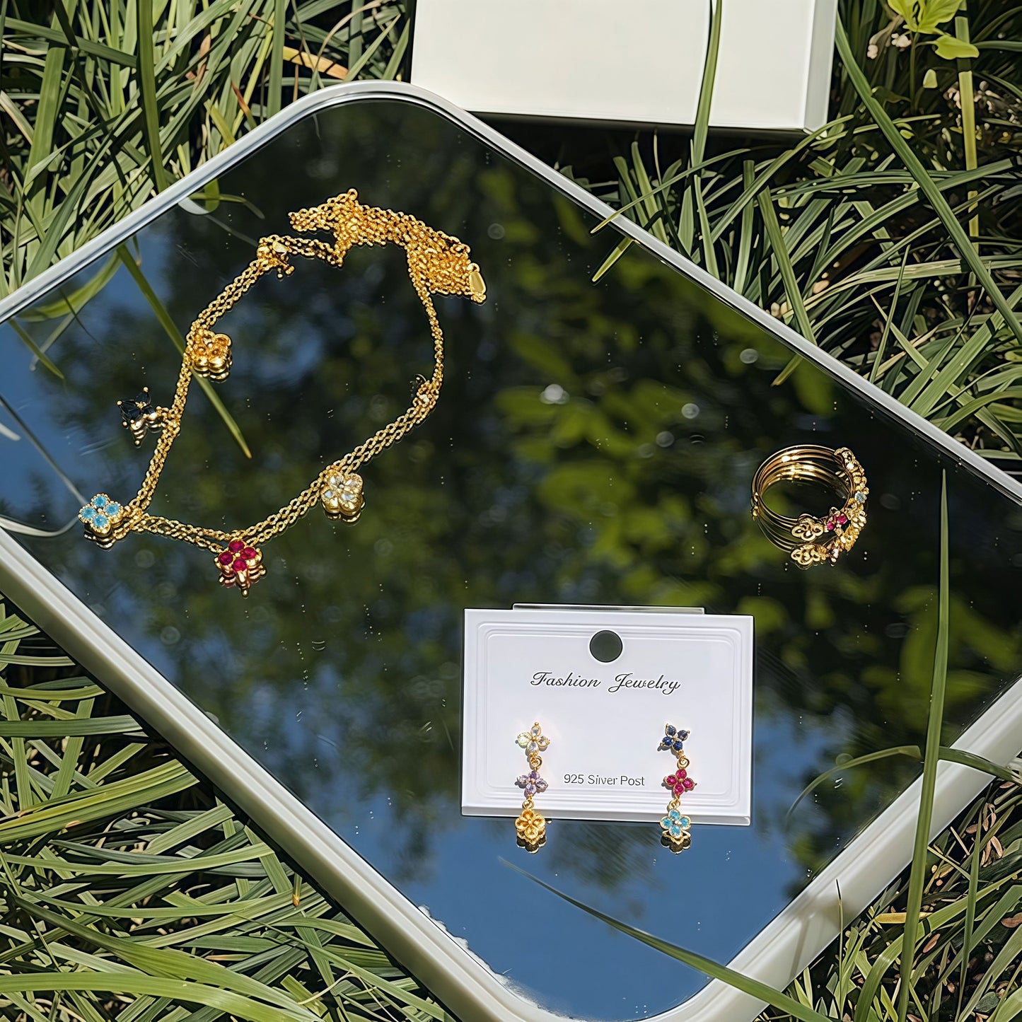 Dainty Multicolor Blossom  Necklace Bracelet Ring Earrings Jewelry Set
