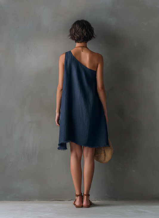 Giorgia | Mini abito blu monospalla con orlo sfrangiato