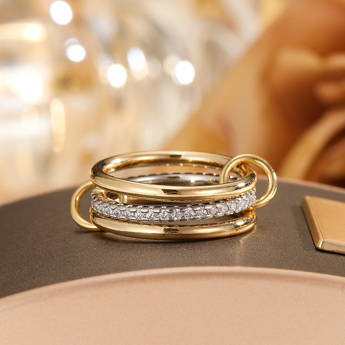Triple Interlocking Gold Zircon Stackable Ring