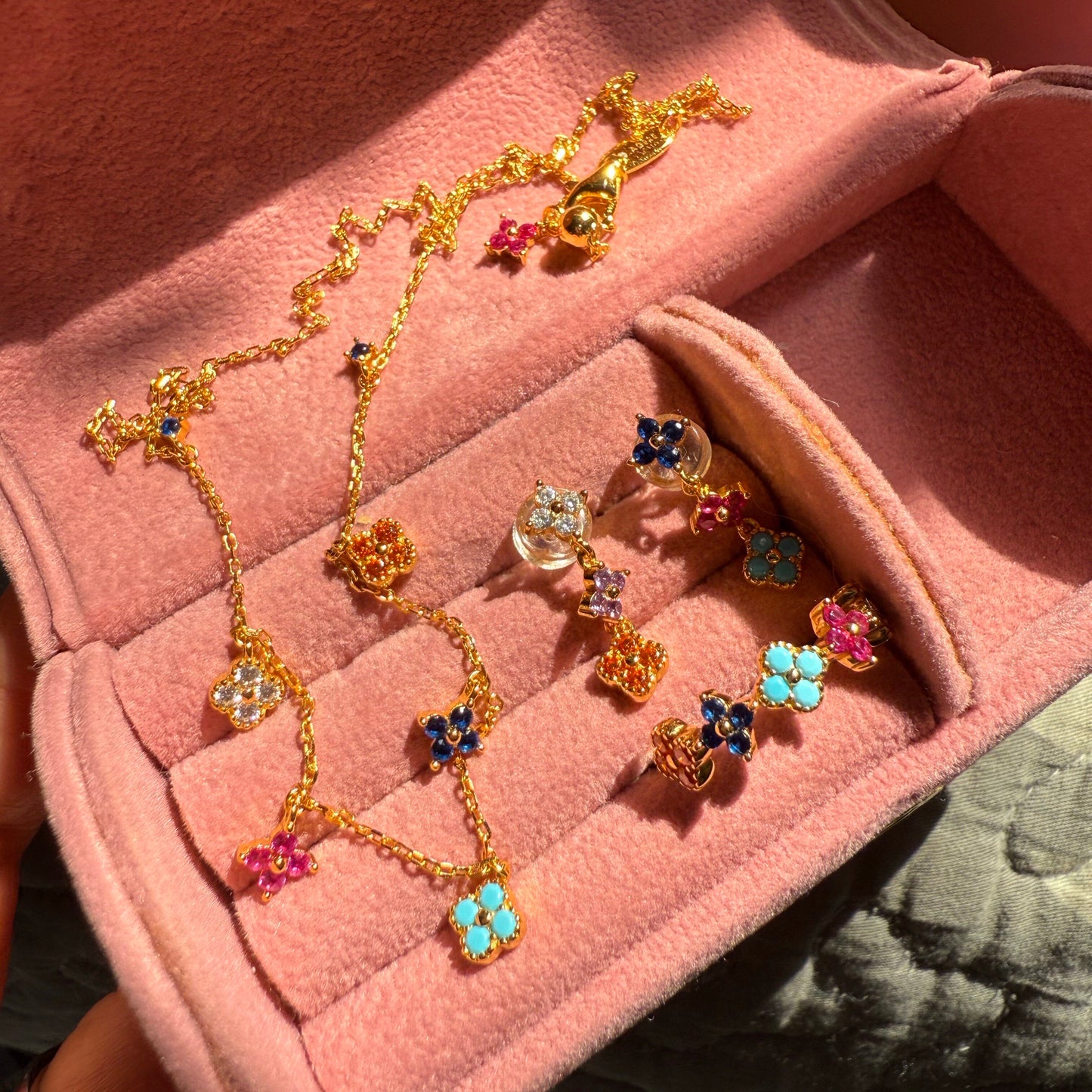 Dainty Multicolor Blossom  Necklace Bracelet Ring Earrings Jewelry Set