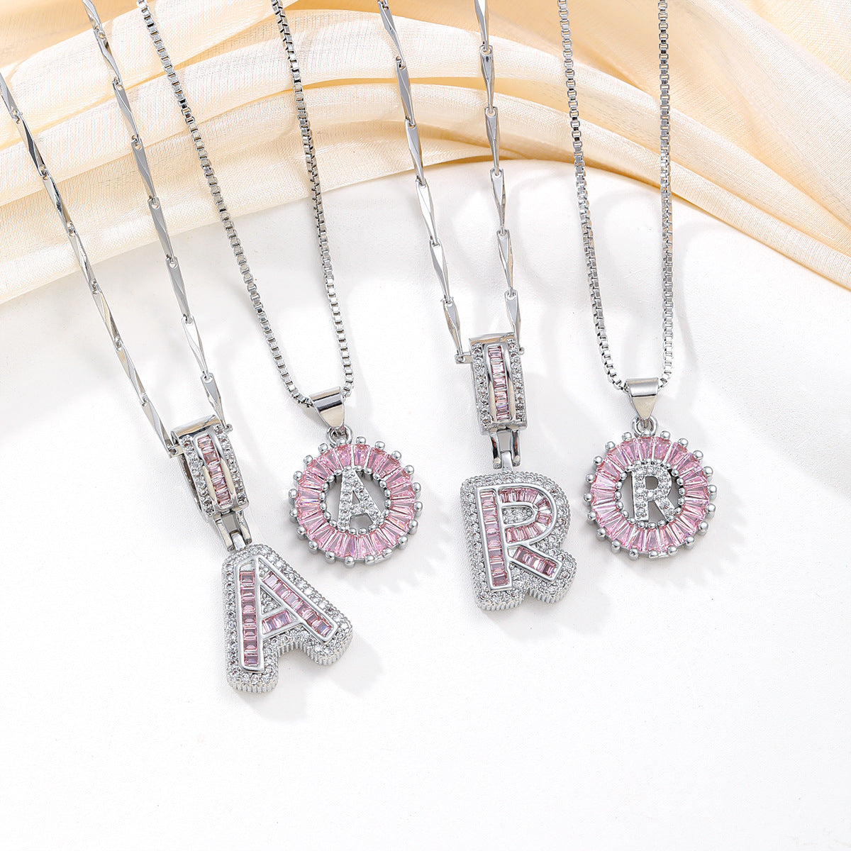 2-Pack Pink CZ Initial Necklaces