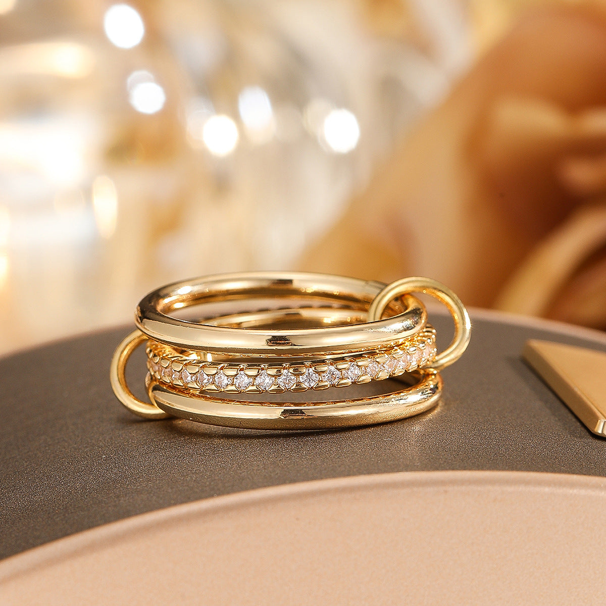 Triple Interlocking Gold Zircon Stackable Ring