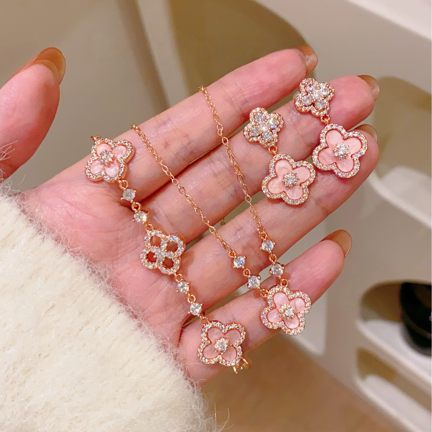 Dainty Pink Clover Lucky Jewelry Set