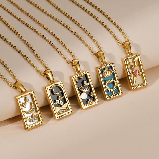 Square Tarot Enamel Titanium Steel Necklace