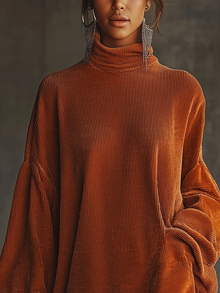 Vestito in velluto a coste arancione, taglio ampio, collo alto, orlo con nappe