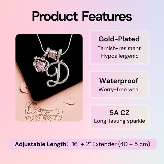Initial & Pink Crystal Necklace - Silver