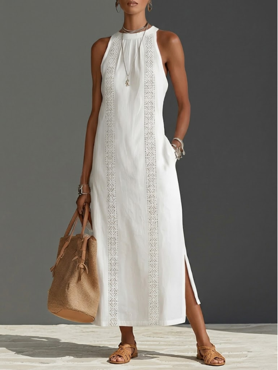 Alessandra | Abito midi smanicato bianco con dettagli ricamati e tasche laterali