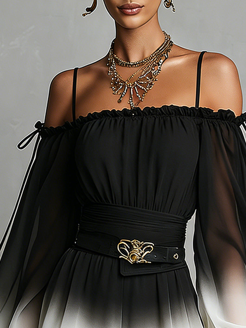 Tuta in chiffon con gradiente bianco e nero, a spalle scoperte, con cintura