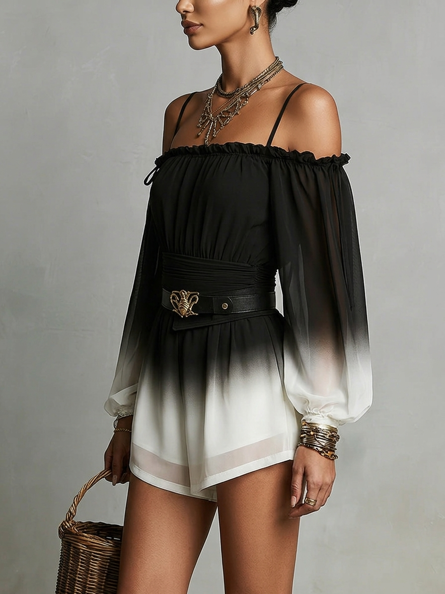 Tuta in chiffon con gradiente bianco e nero, a spalle scoperte, con cintura