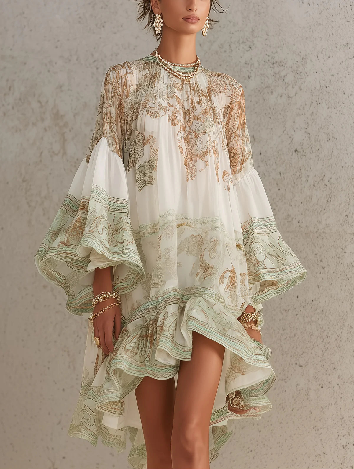 Ermellina | Mini abito in chiffon avorio con stampa barocca e volant a cascata