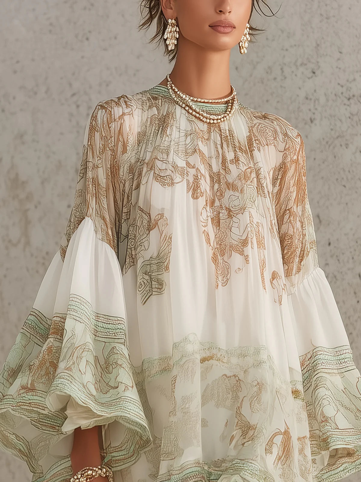 Vestito mini in chiffon con stampa verde, orlo a volant e maniche a balze