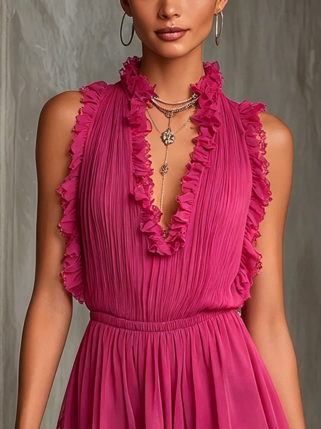 Tuta plissettata in chiffon con pizzo fucsia e bordo a volant