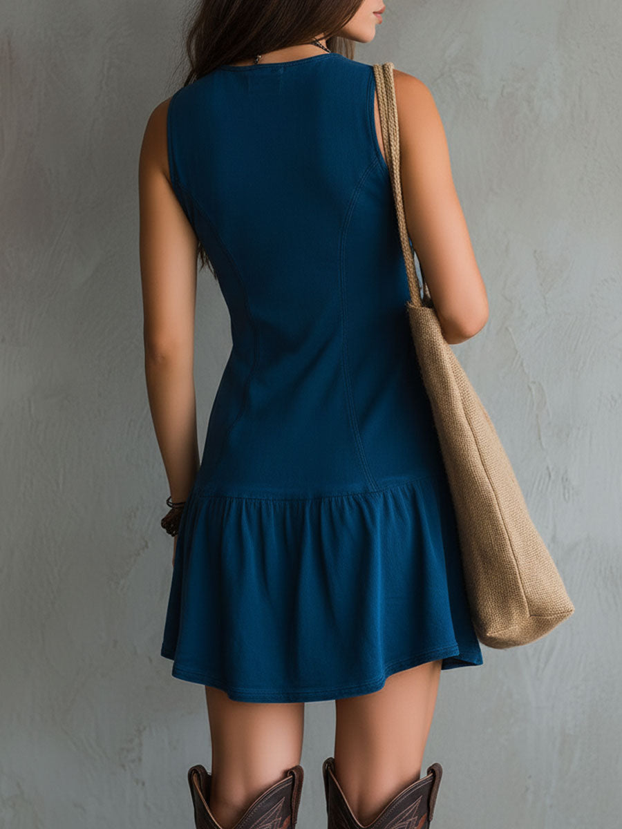 Vestito corto bohemiano indaco con scollo a V e chiusura a bottoni, senza maniche
