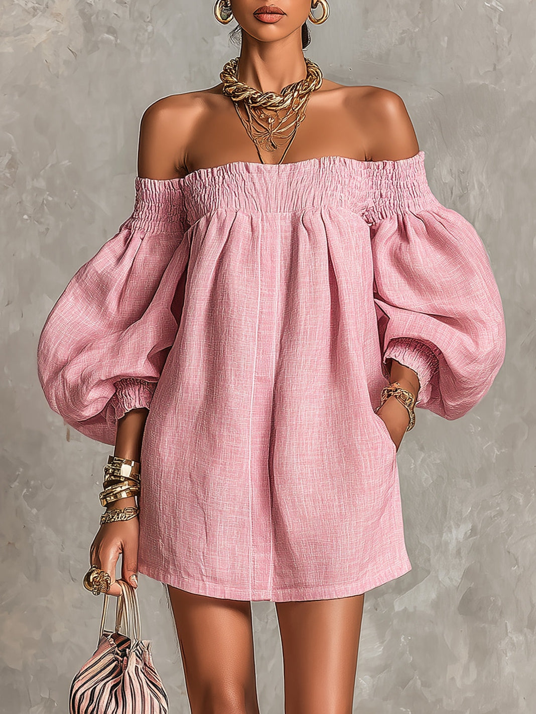 Minidress rosa cipria off-shoulder con maniche a palloncino