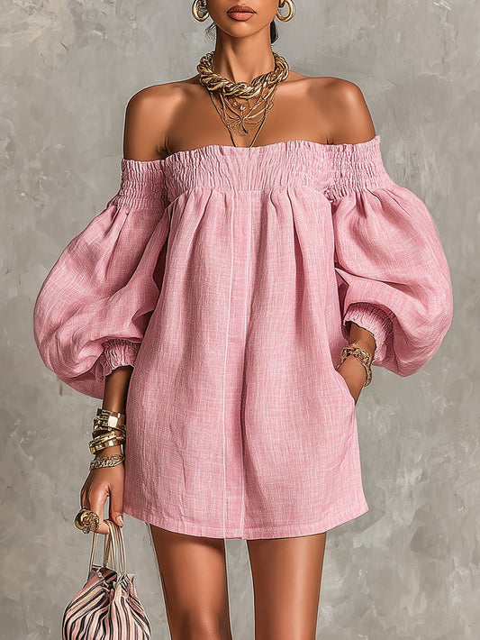 Minidress rosa cipria off-shoulder con maniche a palloncino