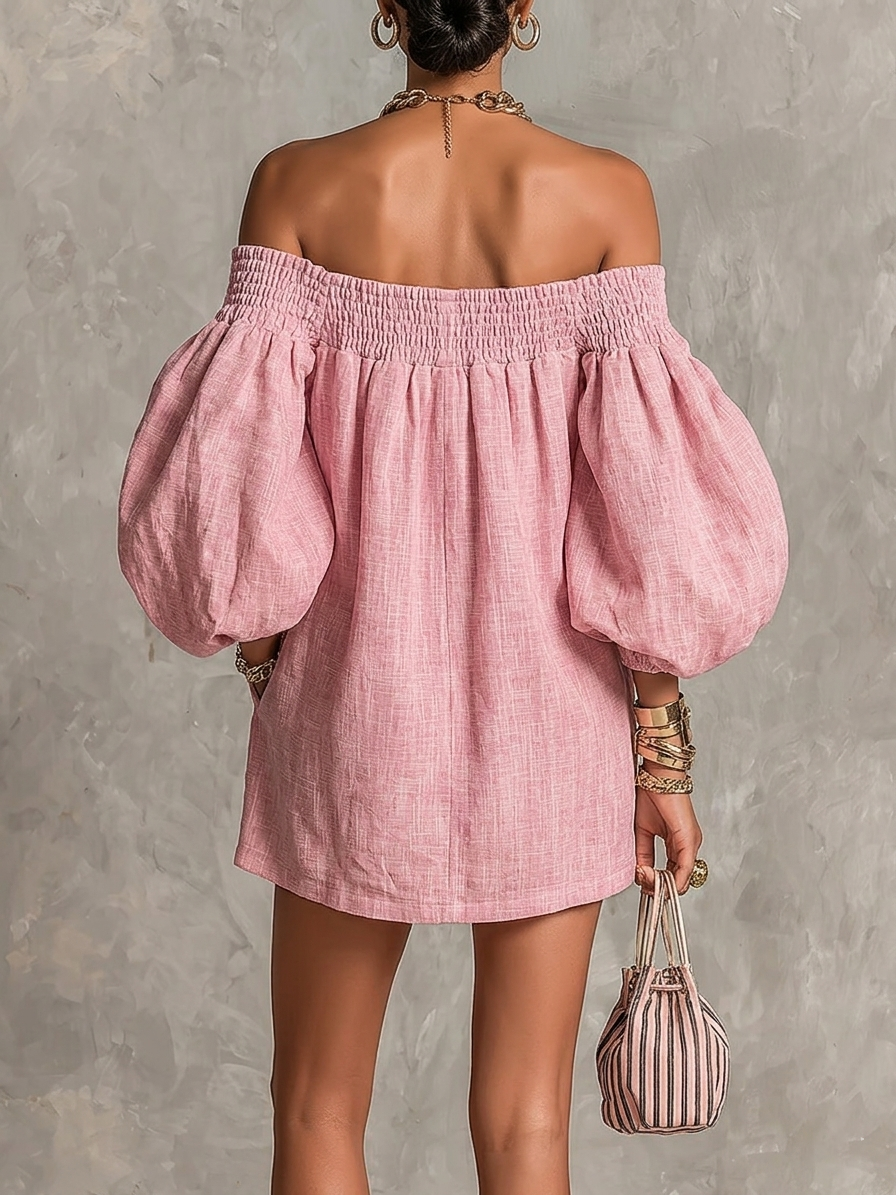 Minidress rosa cipria off-shoulder con maniche a palloncino