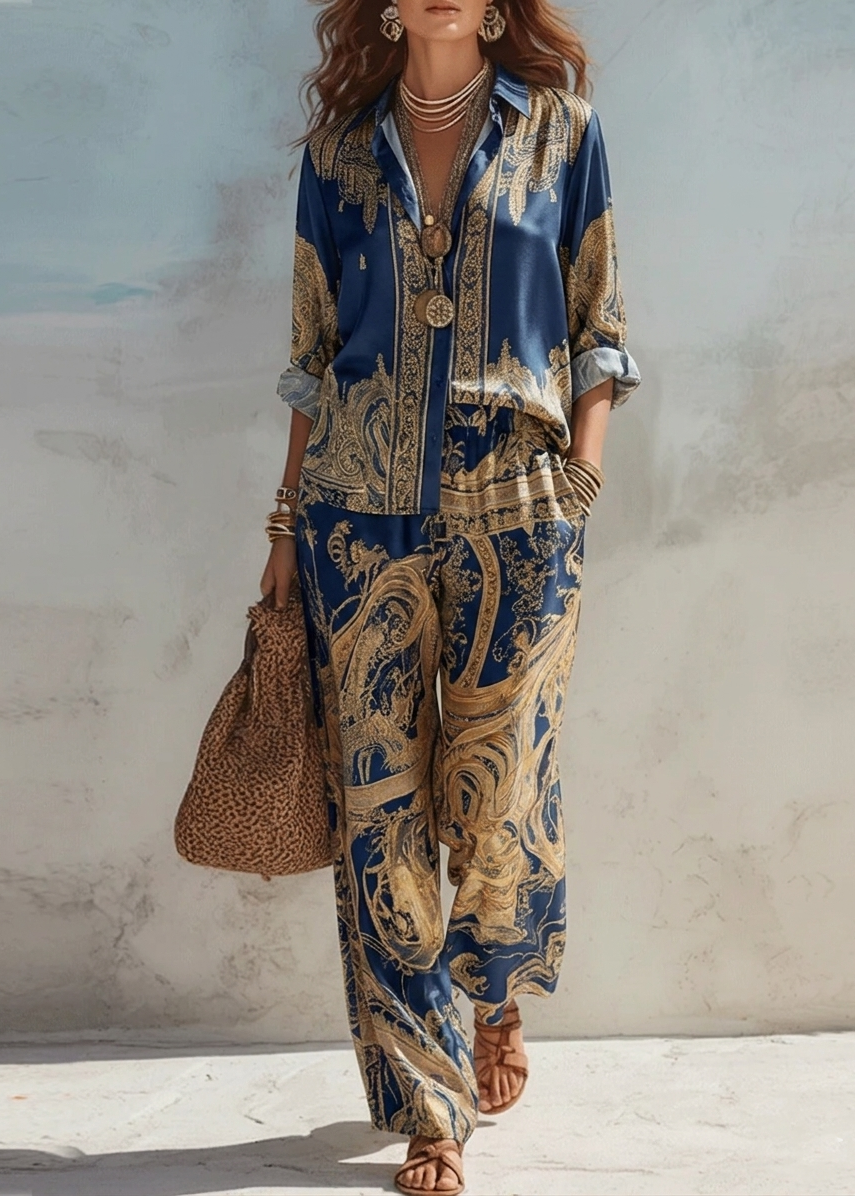 Caterina | Completo due pezzi in raso blu navy con stampa barocca dorata