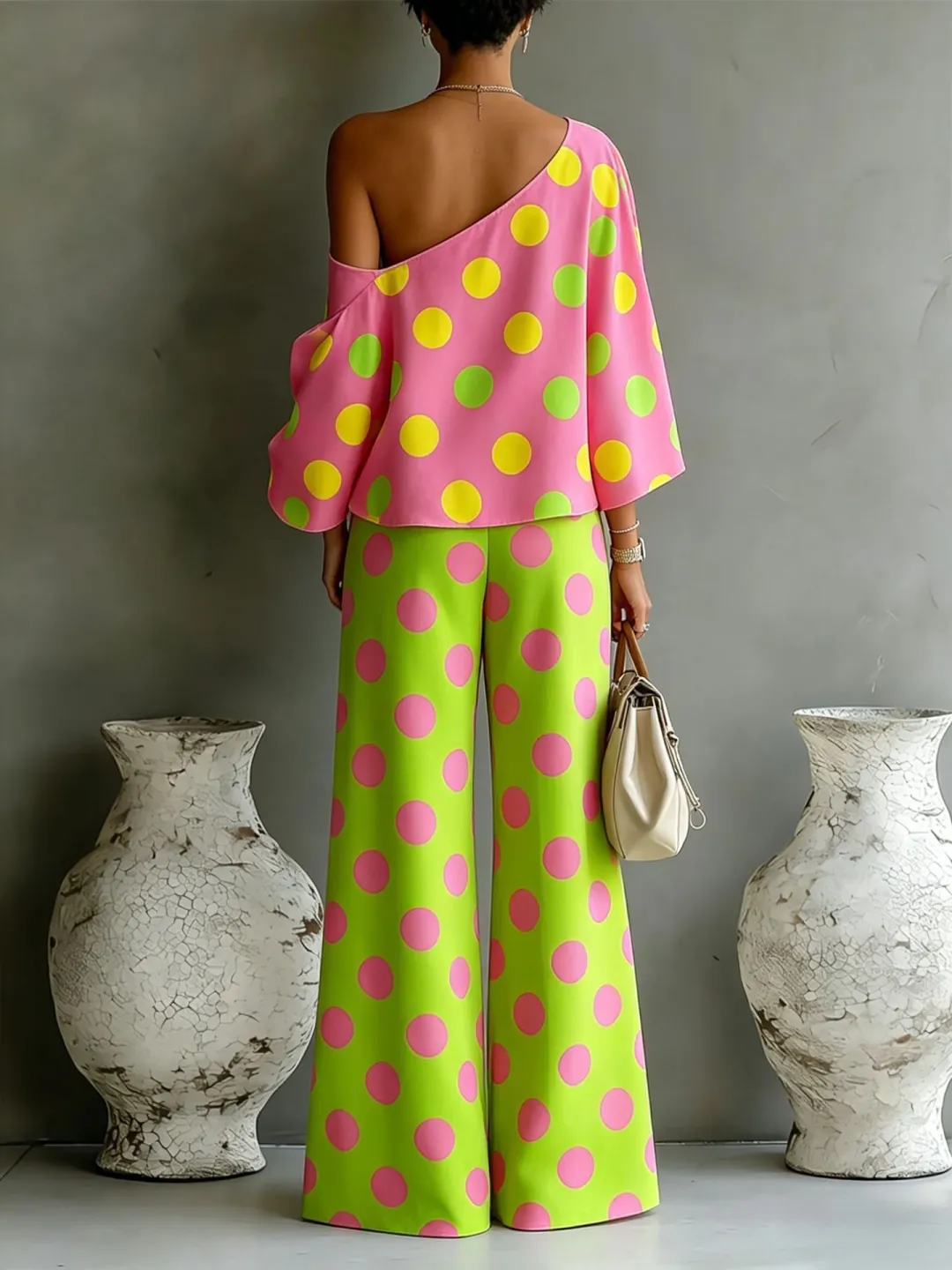 Ottavia | Completo due pezzi a pois rosa e verde fluo