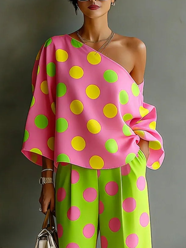 Ottavia | Completo due pezzi a pois rosa e verde fluo