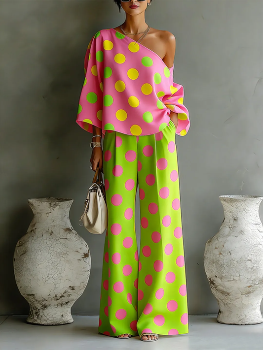 Ottavia | Completo due pezzi a pois rosa e verde fluo