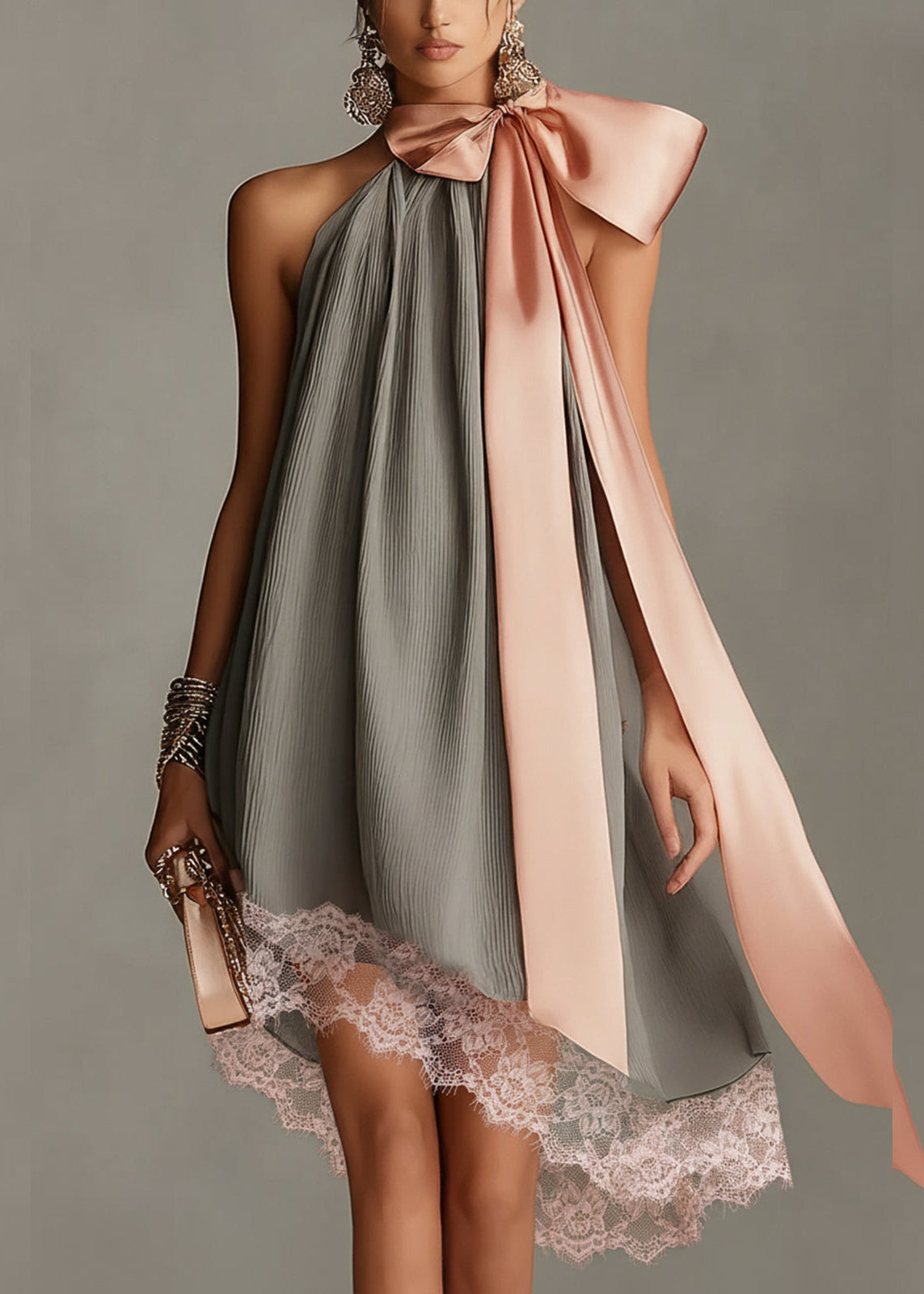Beatrice | Mini abito grigio in satin con fiocco rosa e pizzo
