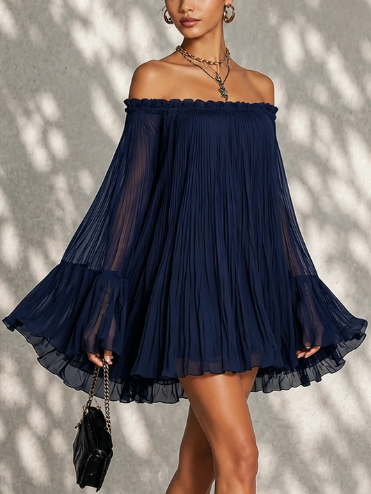 Flavia | Mini abito blu notte plissettato con scollo off-shoulder
