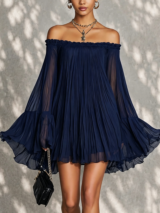 Flavia | Mini abito blu notte plissettato con scollo off-shoulder