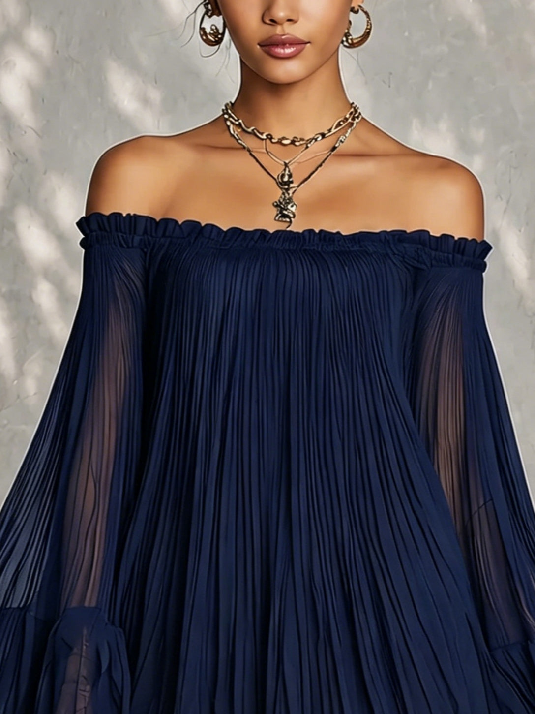 Flavia | Mini abito blu notte plissettato con scollo off-shoulder