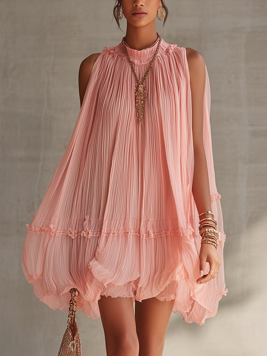 Agata | Mini abito rosa plissettato con scollo halter e volant