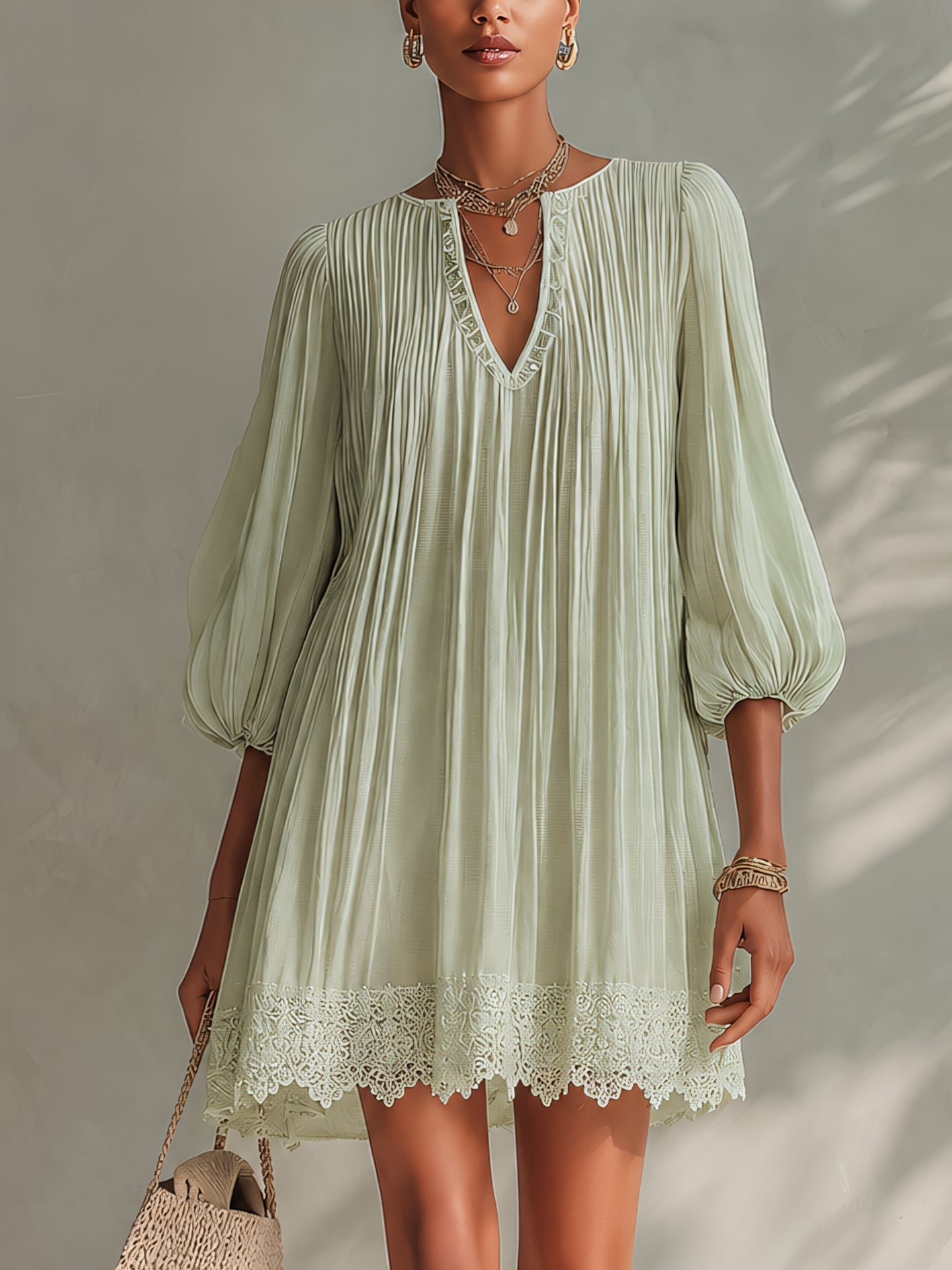 Vestito mini verde chiaro in chiffon plissettato con maniche a lanterna e pizzo