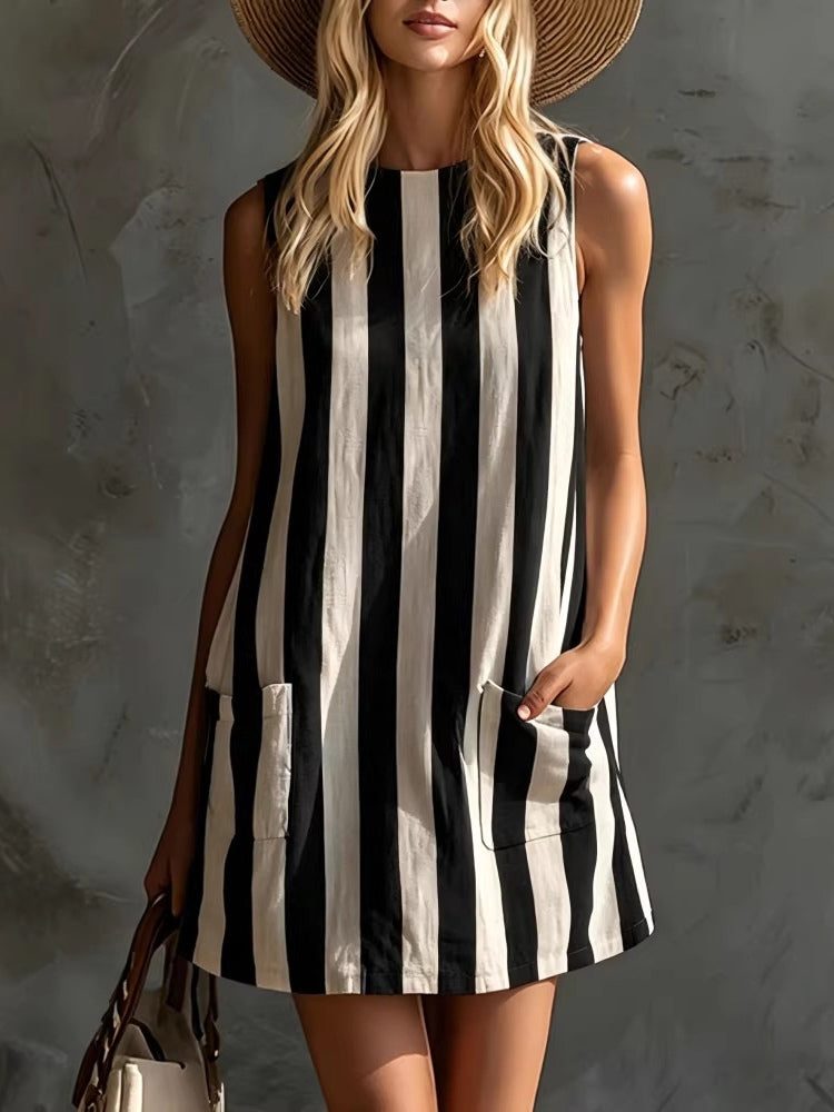 Vestito corto a righe retrò senza maniche con scollo tondo