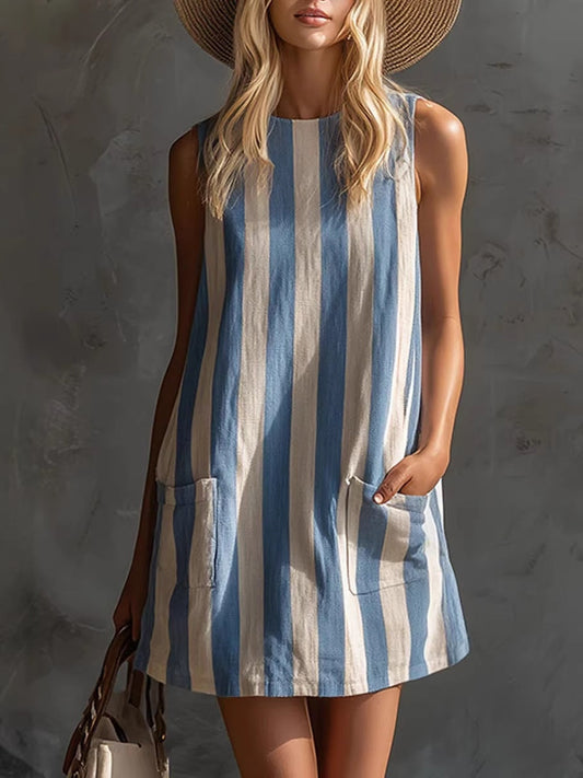 Vestito corto a righe retrò senza maniche con scollo tondo