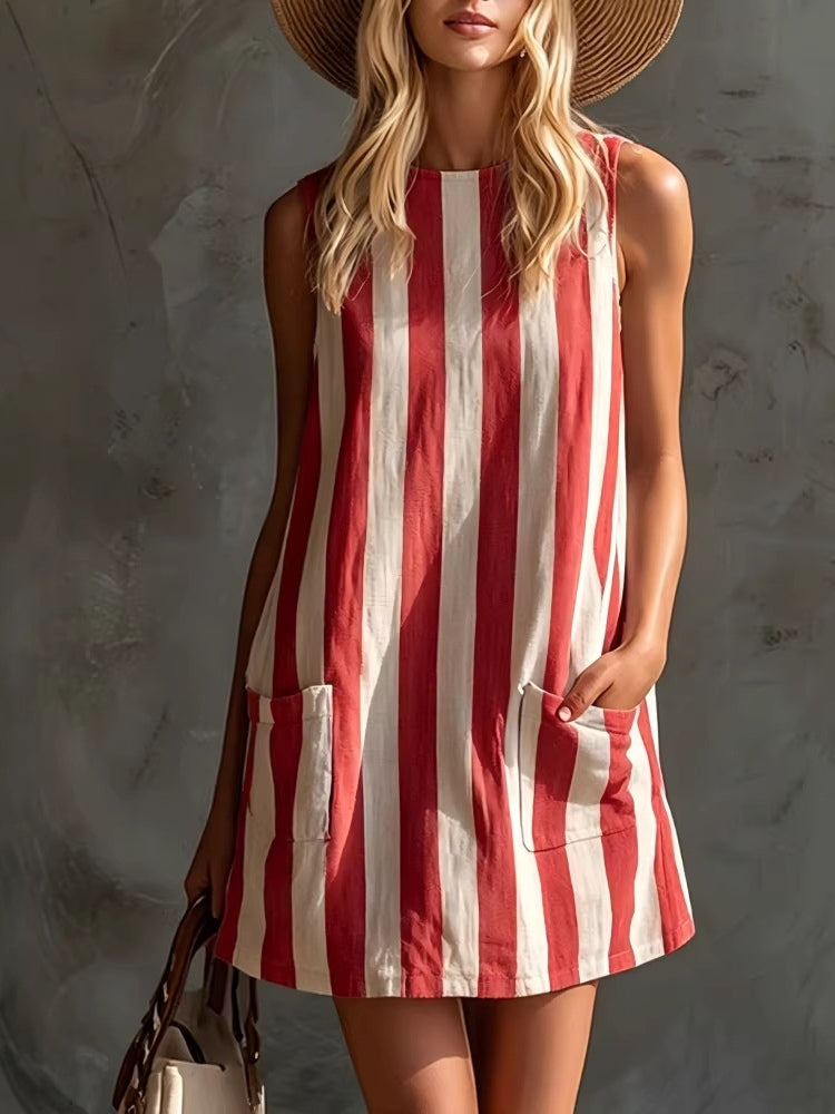 Vestito corto a righe retrò senza maniche con scollo tondo