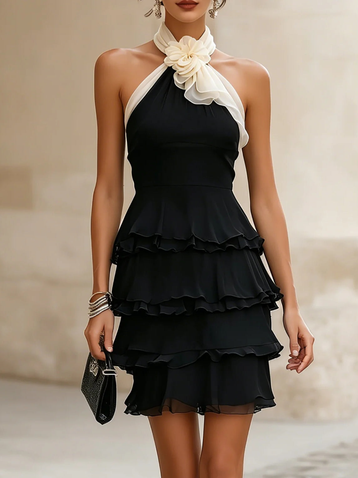 Vestito mini nero a strati in chiffon con motivo floreale e scollo halterneck