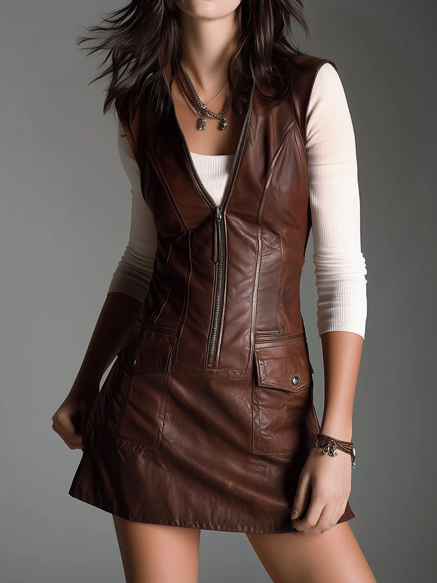 Vestito mini in ecopelle marrone cioccolato con zip