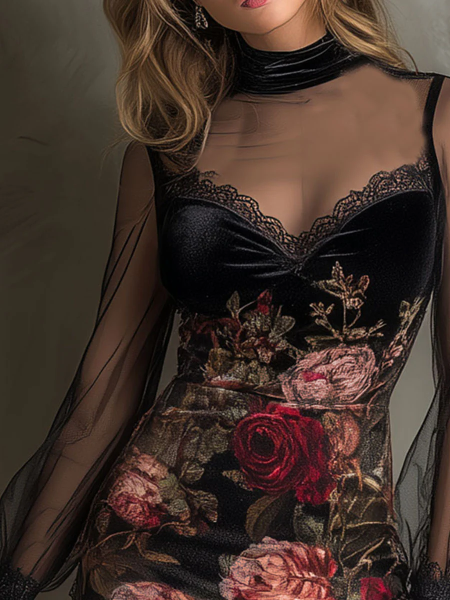 Abito corto con stampa di rose in velluto e bordo in pizzo di tulle