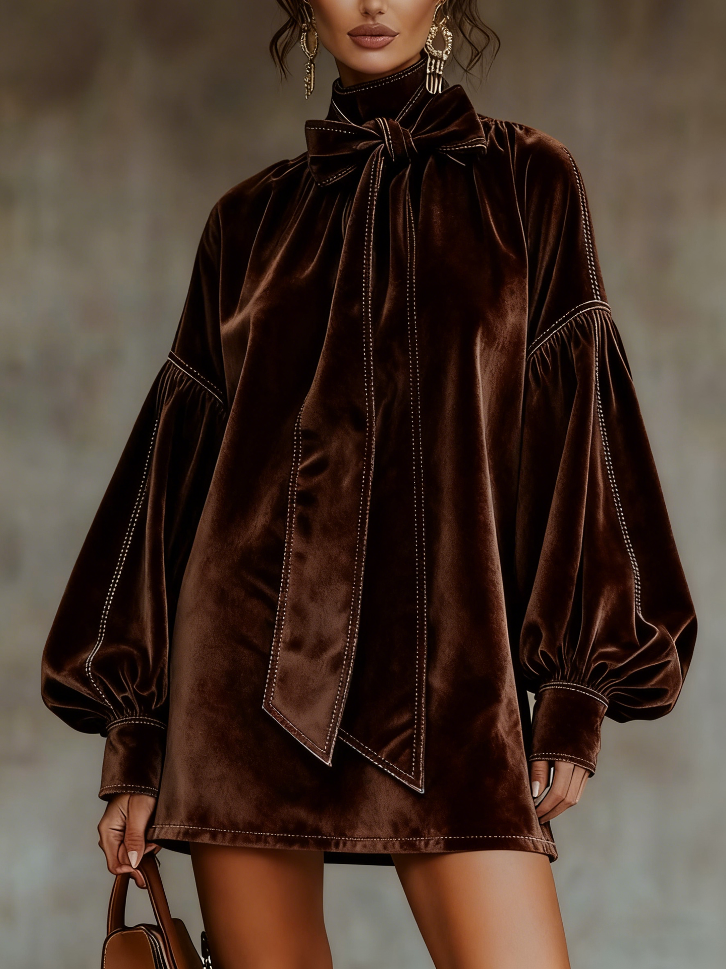Vestito mini in velluto marrone scuro con fiocco e maniche a lanterna