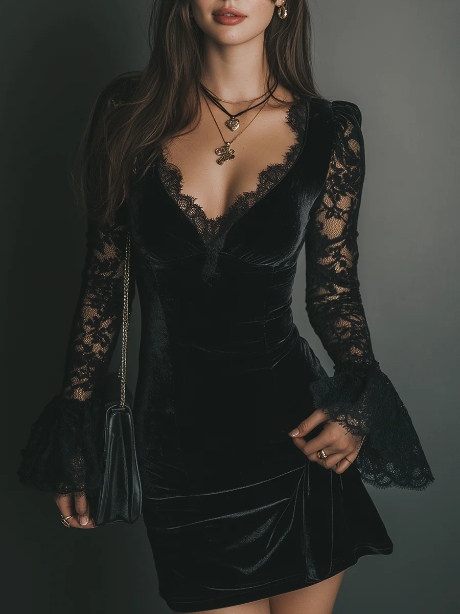 Vestito mini nero in velluto con pizzo e maniche svasate