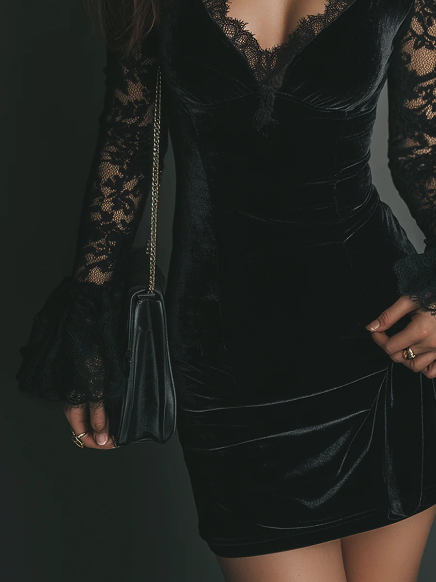 Vestito mini nero in velluto con pizzo e maniche svasate