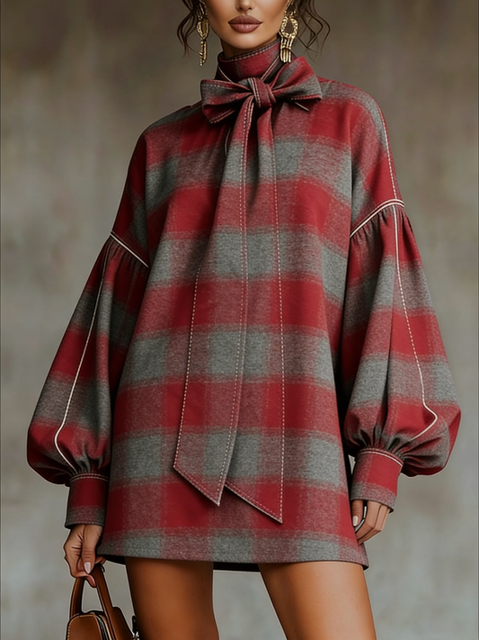 Vestito corto a quadri rosso e grigio con fiocco e maniche a lanterna