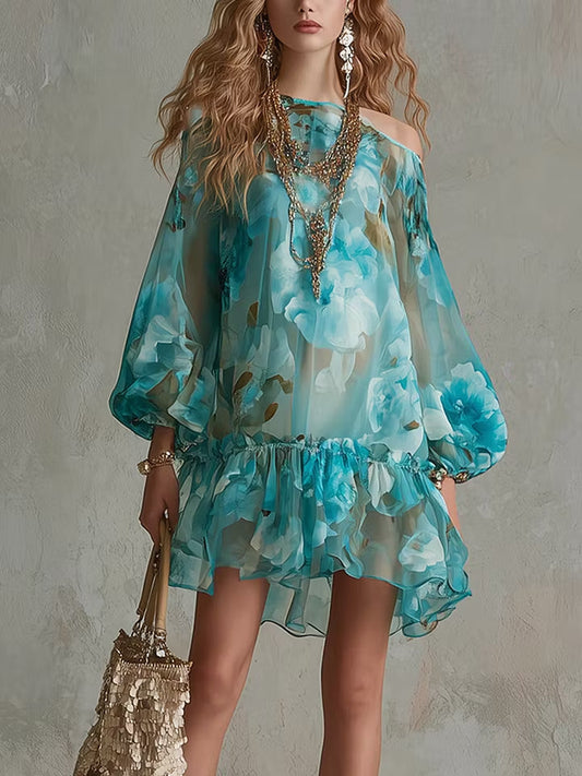 Abito mini in chiffon a spalle scoperte, stile resort, con motivo floreale turchese