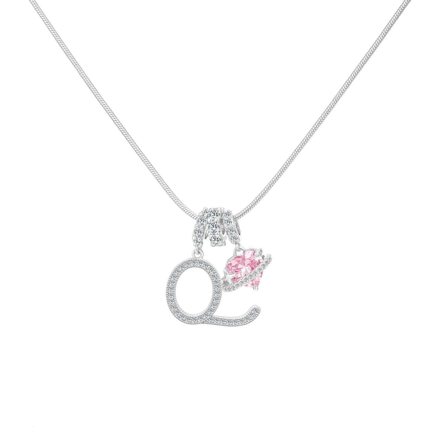 Shimmering Initial & Pink Heart Pendant Necklace