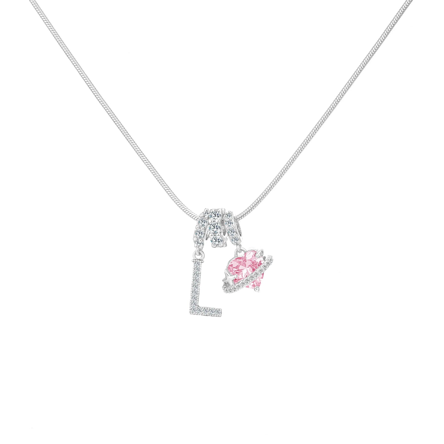 Shimmering Initial & Pink Heart Pendant Necklace