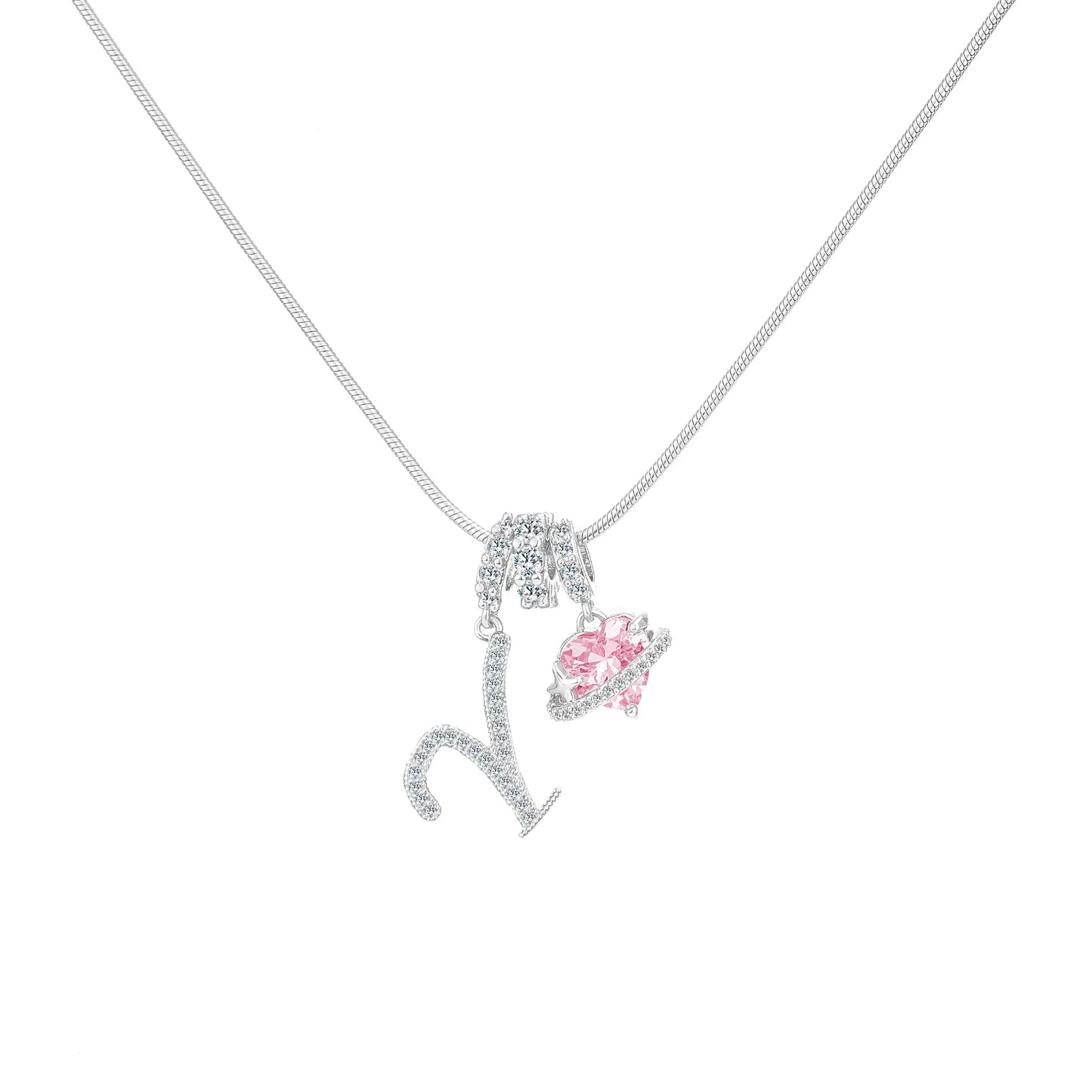 Shimmering Initial & Pink Heart Pendant Necklace