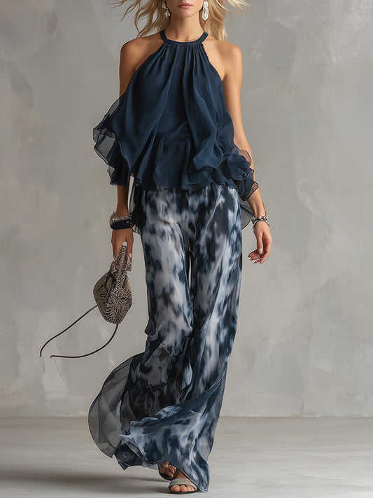 Rosamunda | Completo blusa halter blu navy con pantaloni stampati