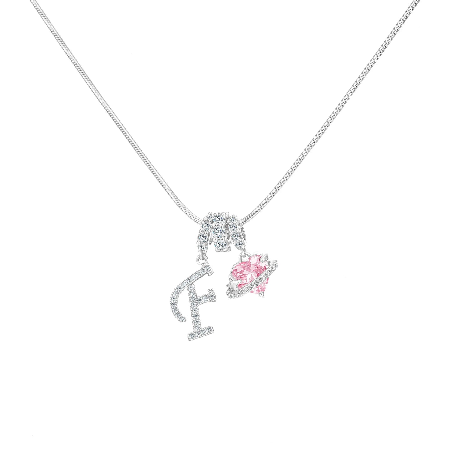 Shimmering Initial & Pink Heart Pendant Necklace